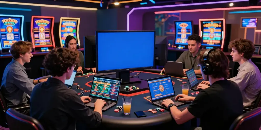 Players enjoying casinos non gamblock uk in a vibrant online gaming lounge.