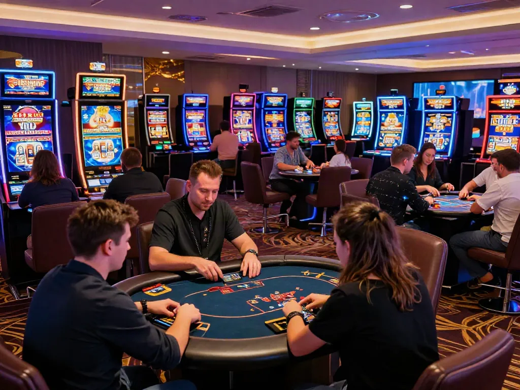 Dynamic gaming atmosphere at casinos non gamblock uk with diverse players enjoying thrilling games.