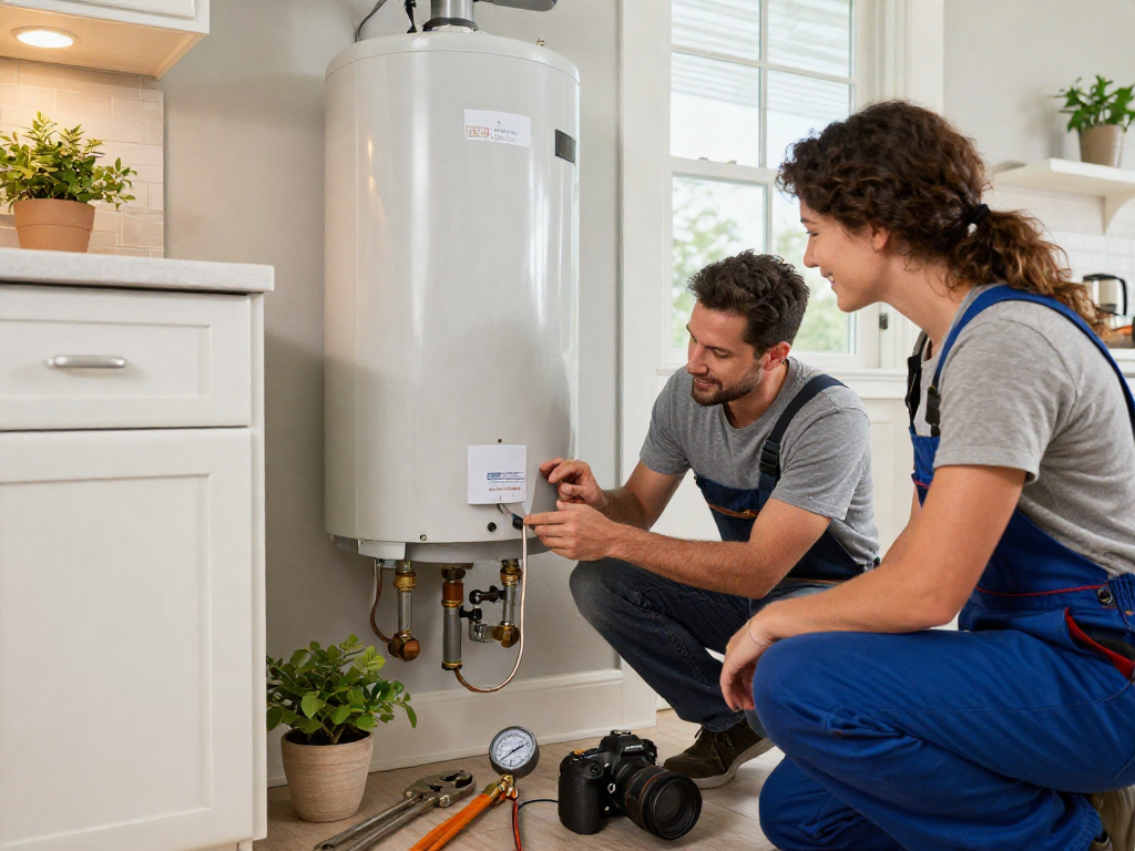 Professional plumber from Mateo and Sons Plumbing diagnosing a water heater in a Fort Worth home, showcasing expert service and quality.