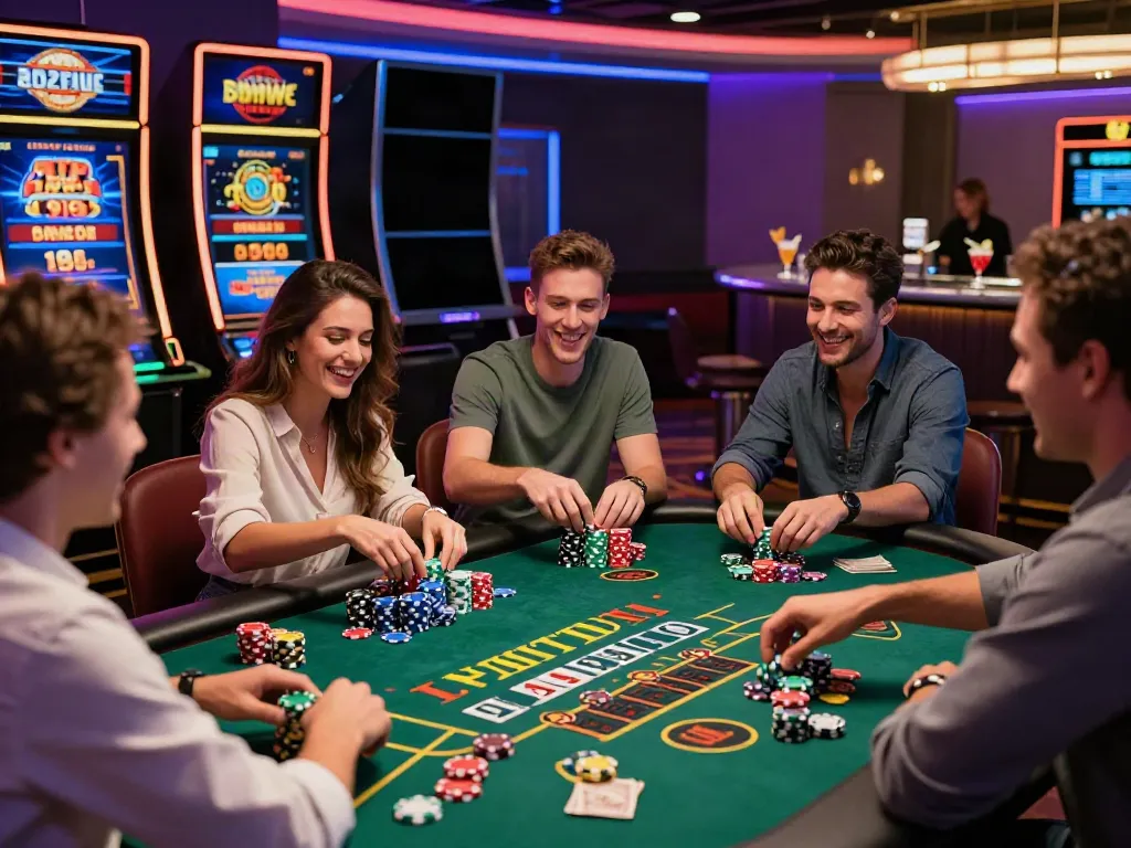 Celebrating friends at non Gamblock casinos in UK, vibrant blackjack table, festive atmosphere.