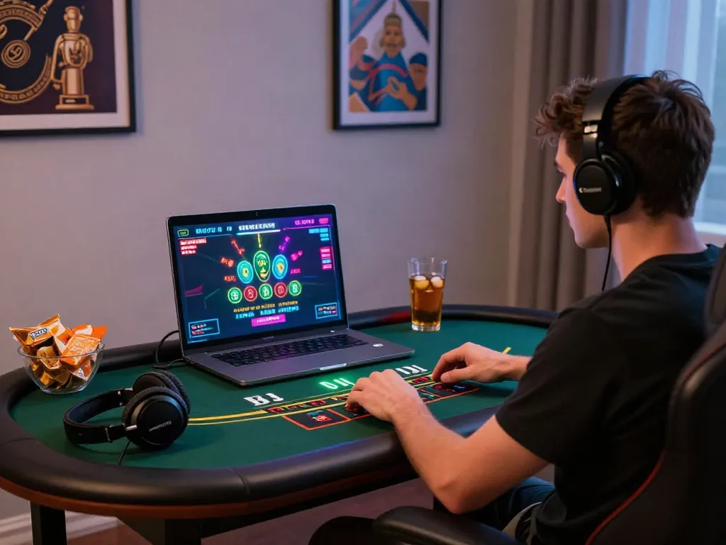 Engaging scene of a player enjoying casinos non gamblock uk at home with live dealer game.