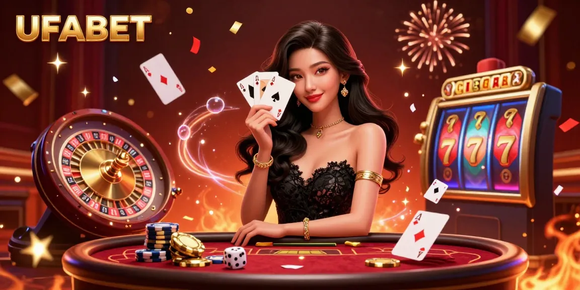 Experience UFABET's vibrant online casino scene with an elegant player holding ace cards amid slot reels and dazzling confetti.