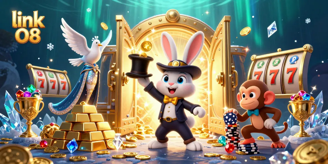Win big with the link O8 illustration featuring magical characters and dynamic casino elements.