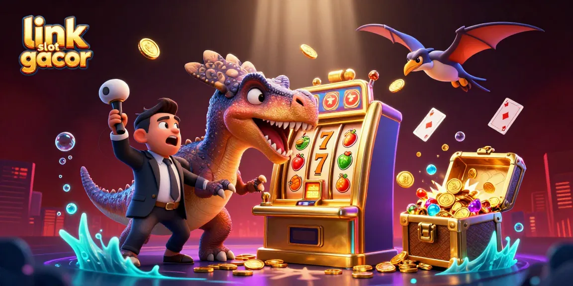 Enjoy the excitement of link slot gacor with a vibrant scene of a dinosaur interacting with a golden slot machine.