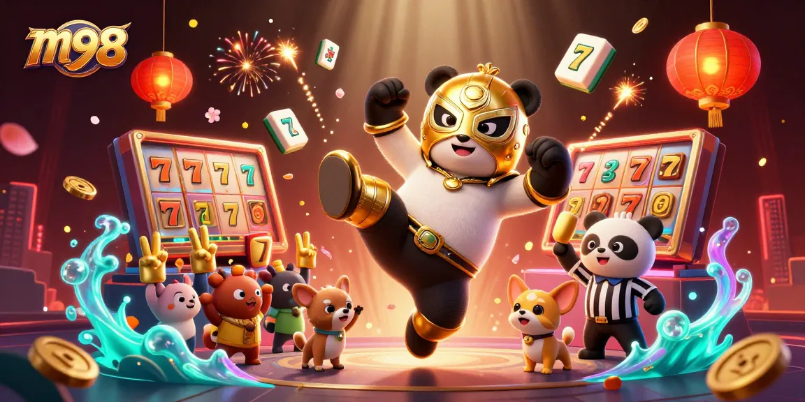 Engage with m98's exciting slots featuring the vibrant panda wrestler, lively chihuahua referee, and a fun casino atmosphere.