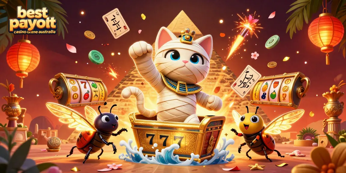 Experience the excitement of the best payout casino online Australia with a scene featuring a mummy cat and golden elements in a vibrant casino setting.