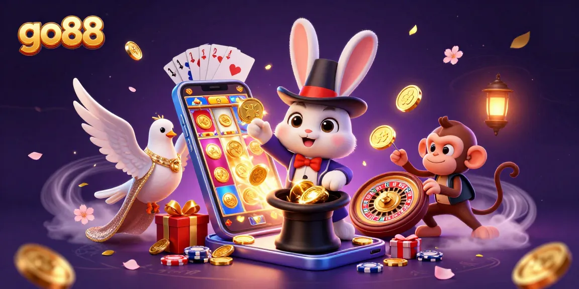 Engage with go88 by experiencing the enchantment of games, featuring a magician rabbit, dove, and monkey with casino elements.
