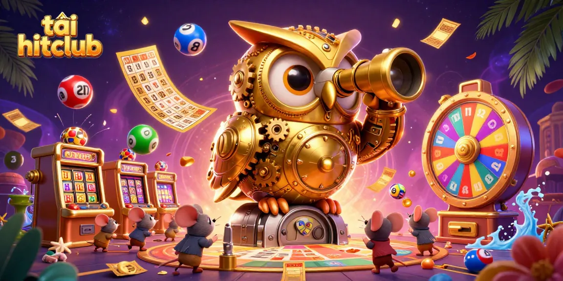 Engaging scene with a golden owl and playful mice, showcasing the excitement of tải hitclub in a vibrant casino setting.